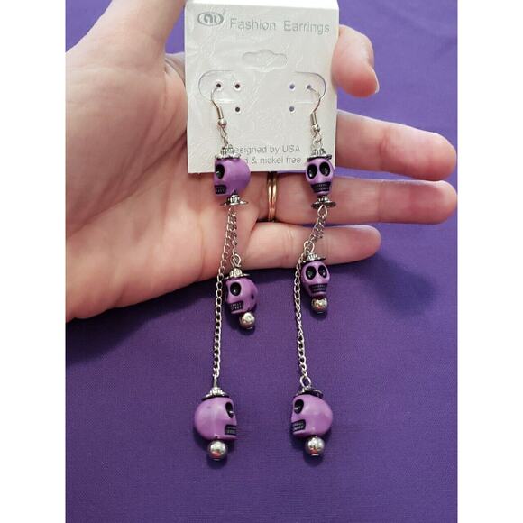 Purple Skull Long Dangle Earrings Halloween Bikercore Punkcore Rocker Goth Boho - Picture 3 of 5